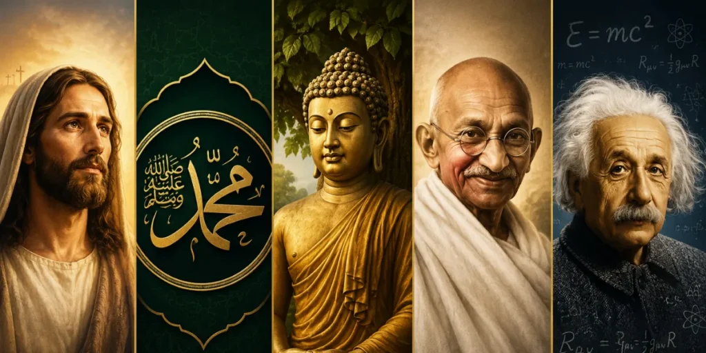 Jesus Christ, prophett muhammad, gautam buddha, mahatma gandhi, albert einstein